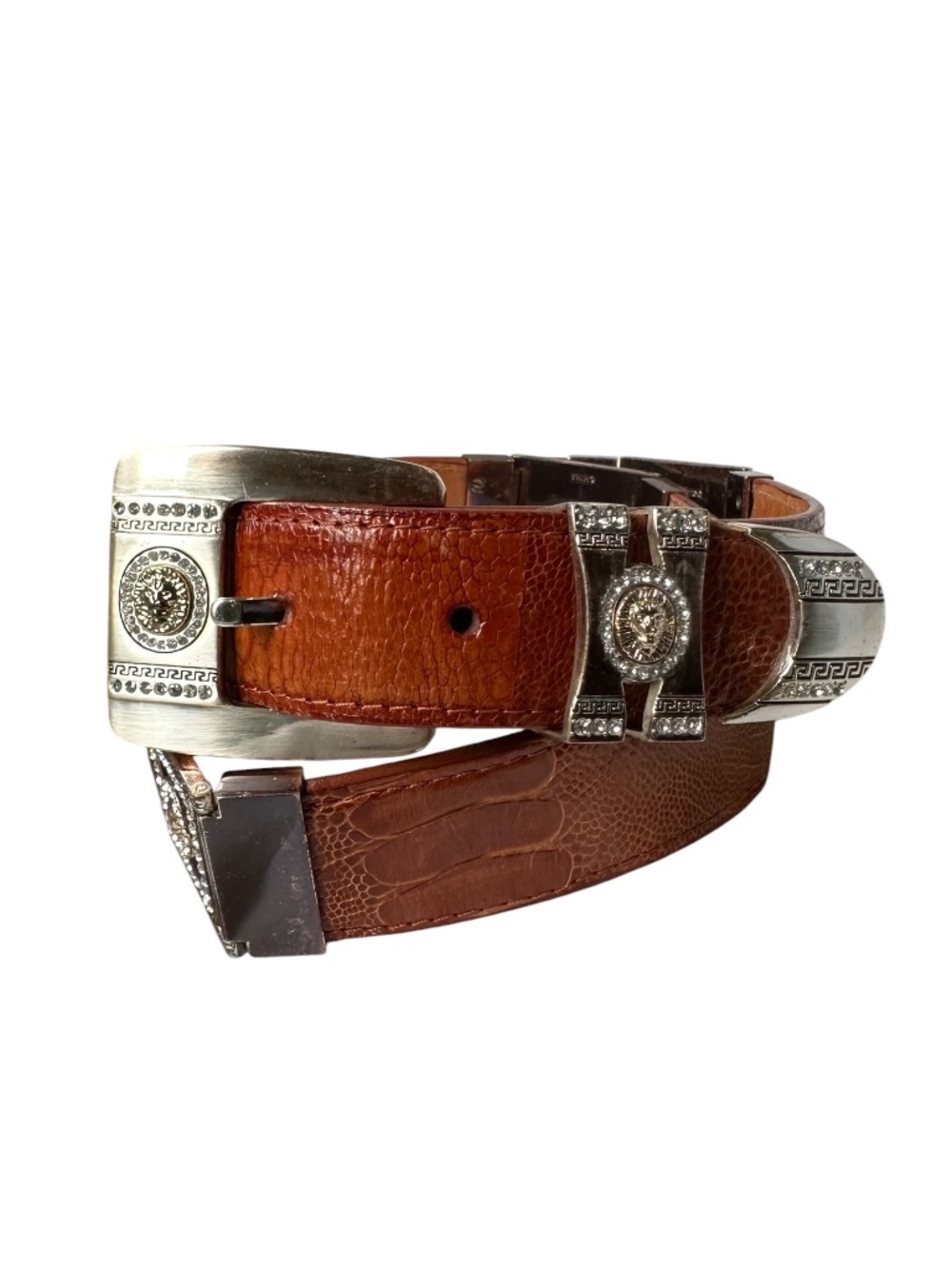 Nice Vintage Tan Genuine Ostrich Leg Skin Belt Silver Rhinestone Buckle Size 40